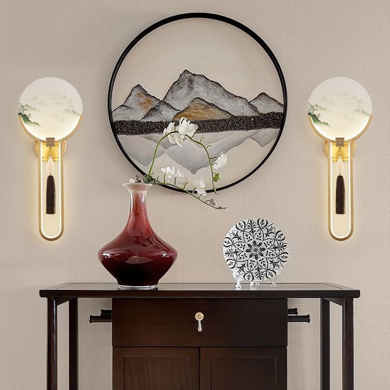 Chinese & Glass Deer & Landscape Round LED Wall Sconce Lamp