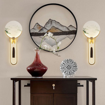 Chinese & Glass Deer & Landscape Round LED Wall Sconce Lamp