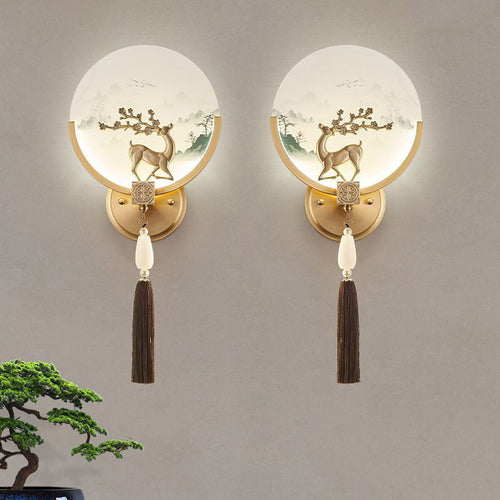 Chinese & Glass Deer & Landscape Round LED Wall Sconce Lamp