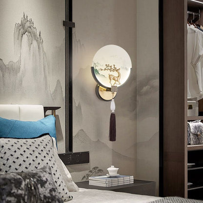 Chinese & Glass Deer & Landscape Round LED Wall Sconce Lamp
