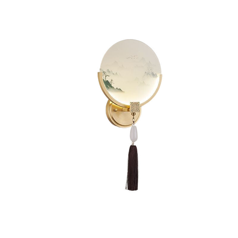 Chinese & Glass Deer & Landscape Round LED Wall Sconce Lamp
