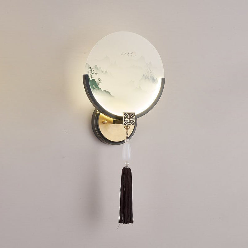 Chinese & Glass Deer & Landscape Round LED Wall Sconce Lamp