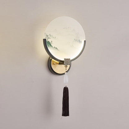 Chinese & Glass Deer & Landscape Round LED Wall Sconce Lamp