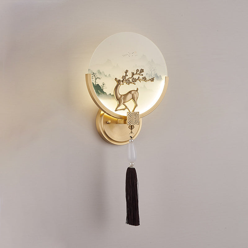 Chinese & Glass Deer & Landscape Round LED Wall Sconce Lamp
