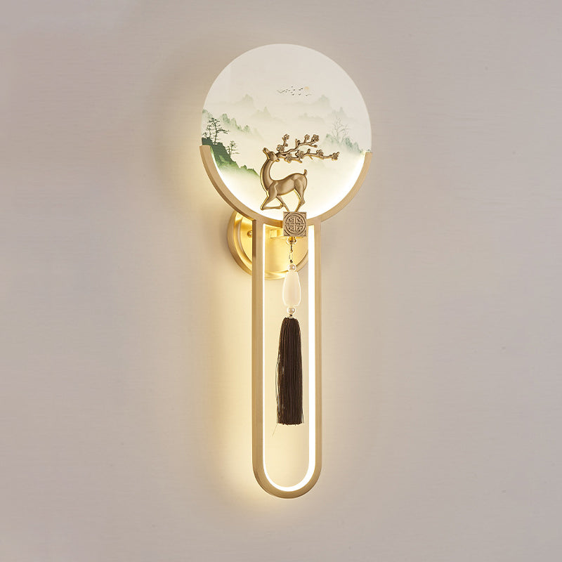 Chinese & Glass Deer & Landscape Round LED Wall Sconce Lamp