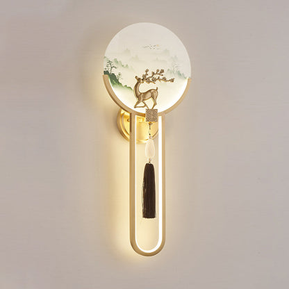 Chinese & Glass Deer & Landscape Round LED Wall Sconce Lamp
