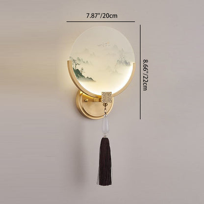 Chinese & Glass Deer & Landscape Round LED Wall Sconce Lamp
