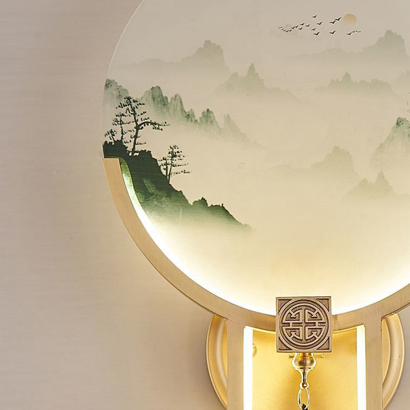 Chinese & Glass Deer & Landscape Round LED Wall Sconce Lamp