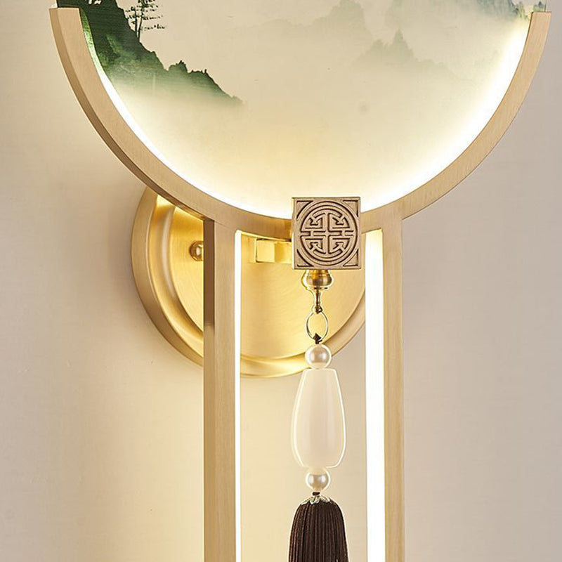 Chinese & Glass Deer & Landscape Round LED Wall Sconce Lamp