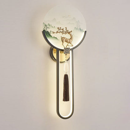Chinese & Glass Deer & Landscape Round LED Wall Sconce Lamp