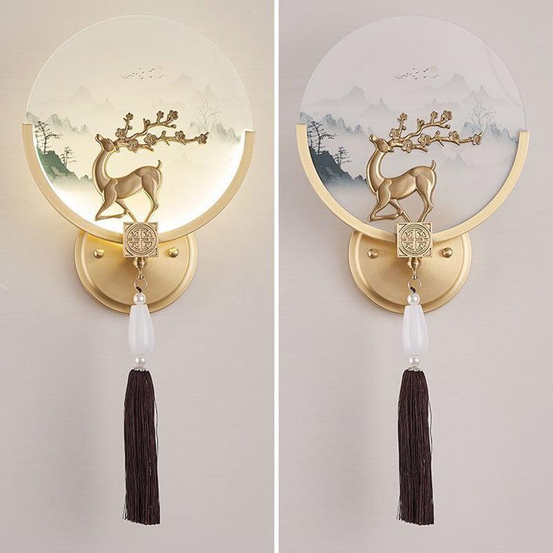Chinese & Glass Deer & Landscape Round LED Wall Sconce Lamp