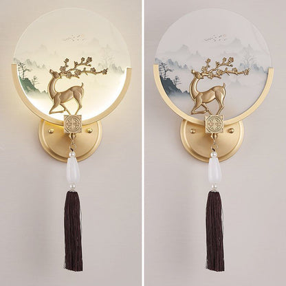 Chinese & Glass Deer & Landscape Round LED Wall Sconce Lamp