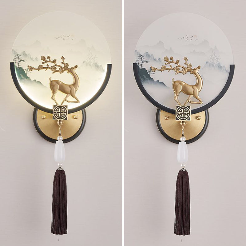 Chinese & Glass Deer & Landscape Round LED Wall Sconce Lamp