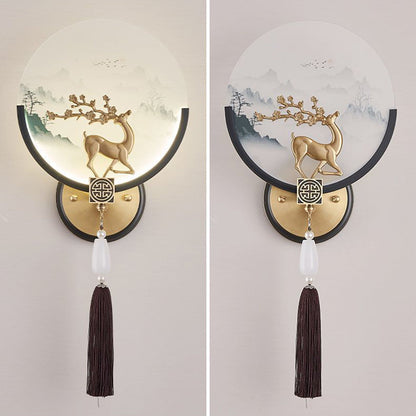 Chinese & Glass Deer & Landscape Round LED Wall Sconce Lamp