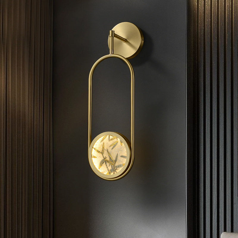 Chinese Glass Oval Bamboo Leaf LED Wall Sconce Lamp