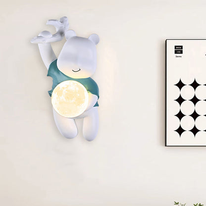 Kids & PLA Cartoon Bear With Moon 1-Light Wall Sconce Lamp