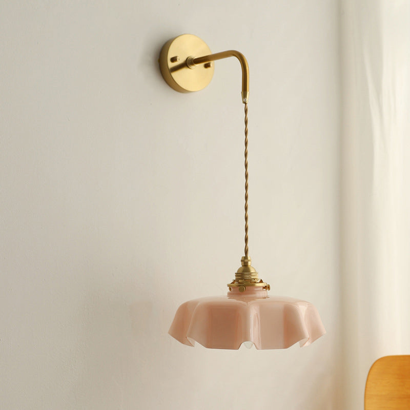 French Brass Iron Pleated Hanging 1-Light Wall Sconce Lamp