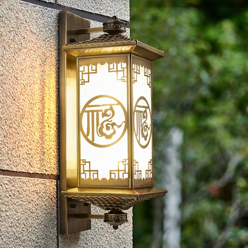Chinese Lantern Full Copper Glass 1-Light Wall Sconce Lamp