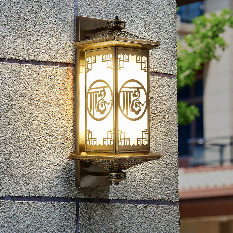 Chinese Lantern Full Copper Glass 1-Light Wall Sconce Lamp