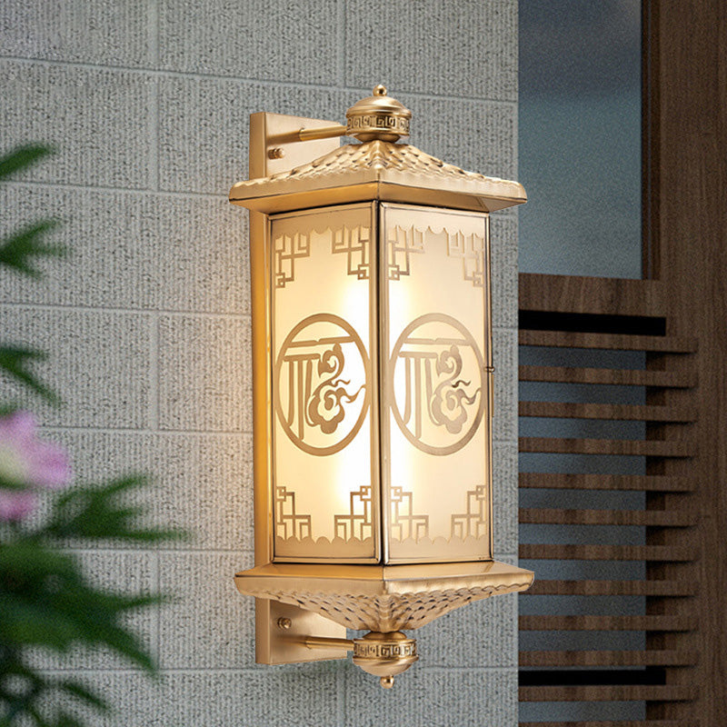 Chinese Lantern Full Copper Glass 1-Light Wall Sconce Lamp