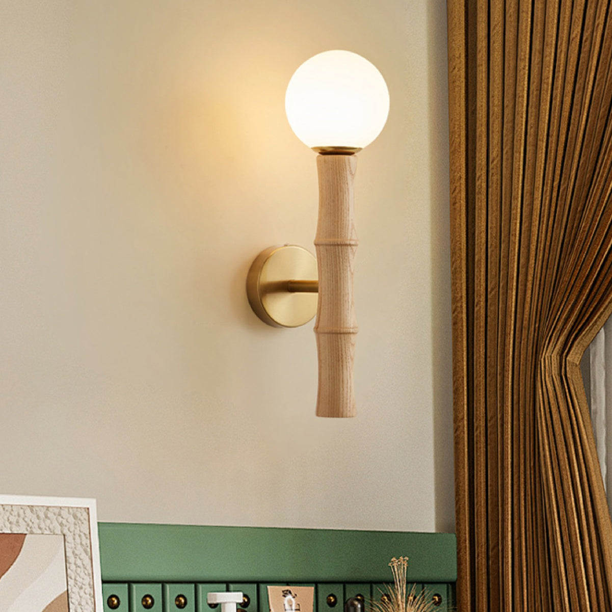 Retro Column Wood Glass 1-Light Wall Sconce Lamp