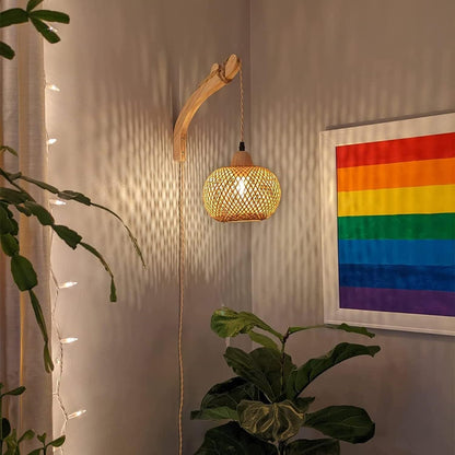 Chinese Oval Copper Bamboo 1-Light Wall Sconce Lamp