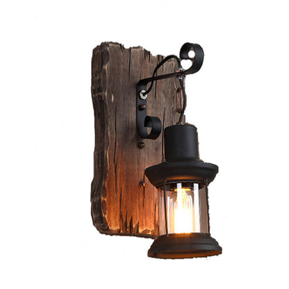 Cylinder Wood Iron Glass 1-Light Wall Sconce Lamp
