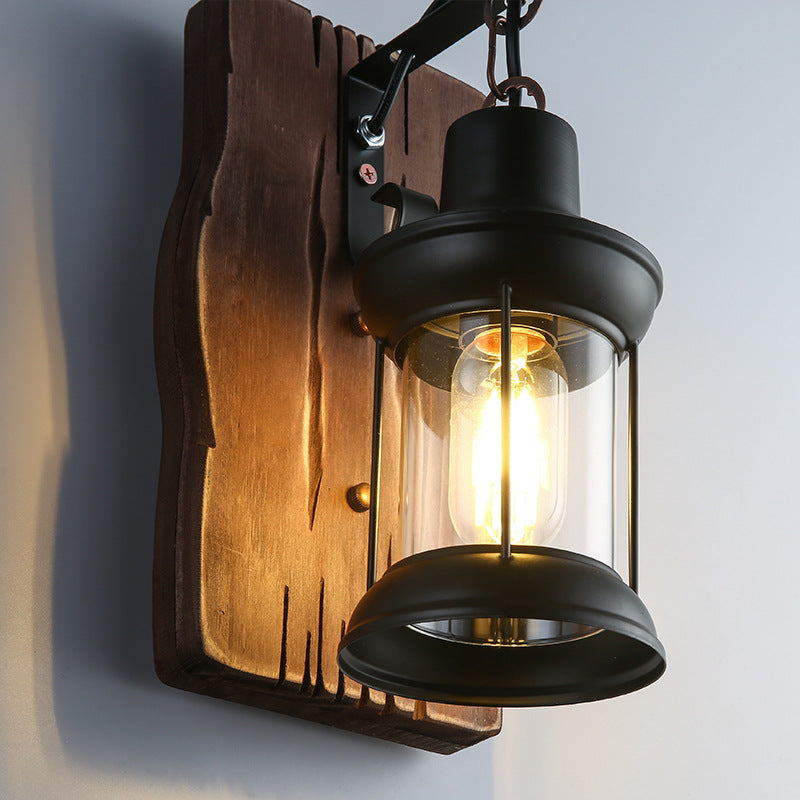 Cylinder Wood Iron Glass 1-Light Wall Sconce Lamp