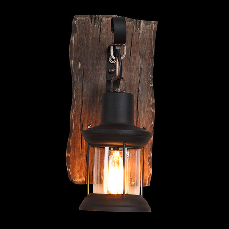 Cylinder Wood Iron Glass 1-Light Wall Sconce Lamp