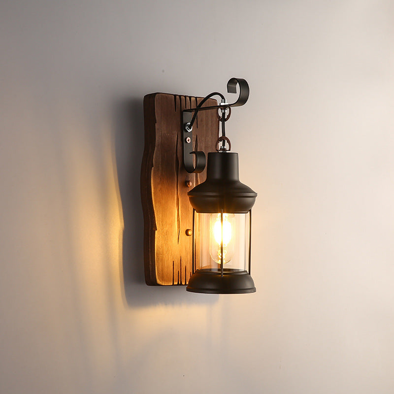 Cylinder Wood Iron Glass 1-Light Wall Sconce Lamp