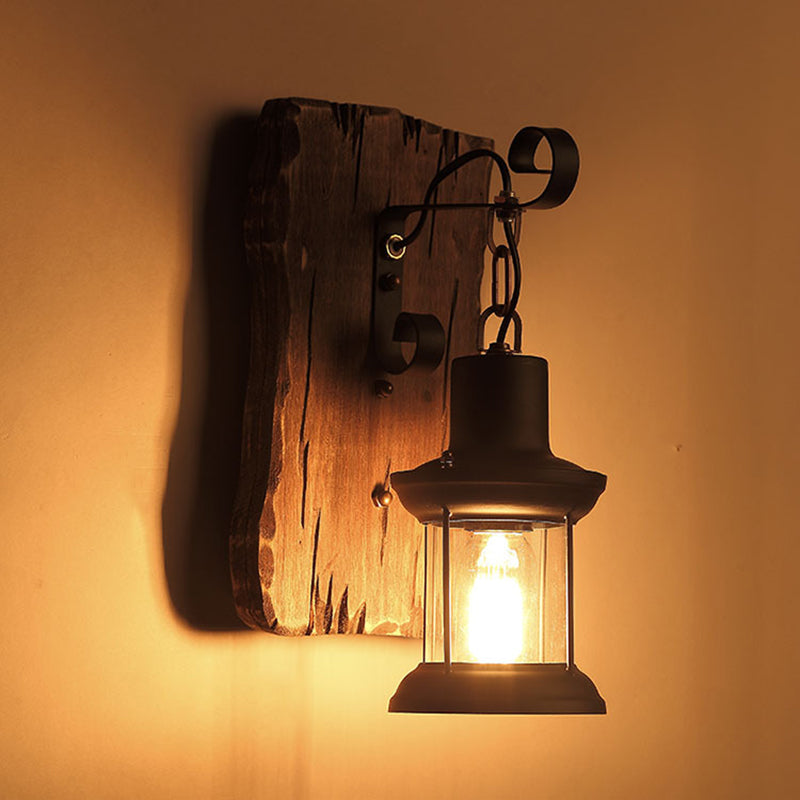 Cylinder Wood Iron Glass 1-Light Wall Sconce Lamp