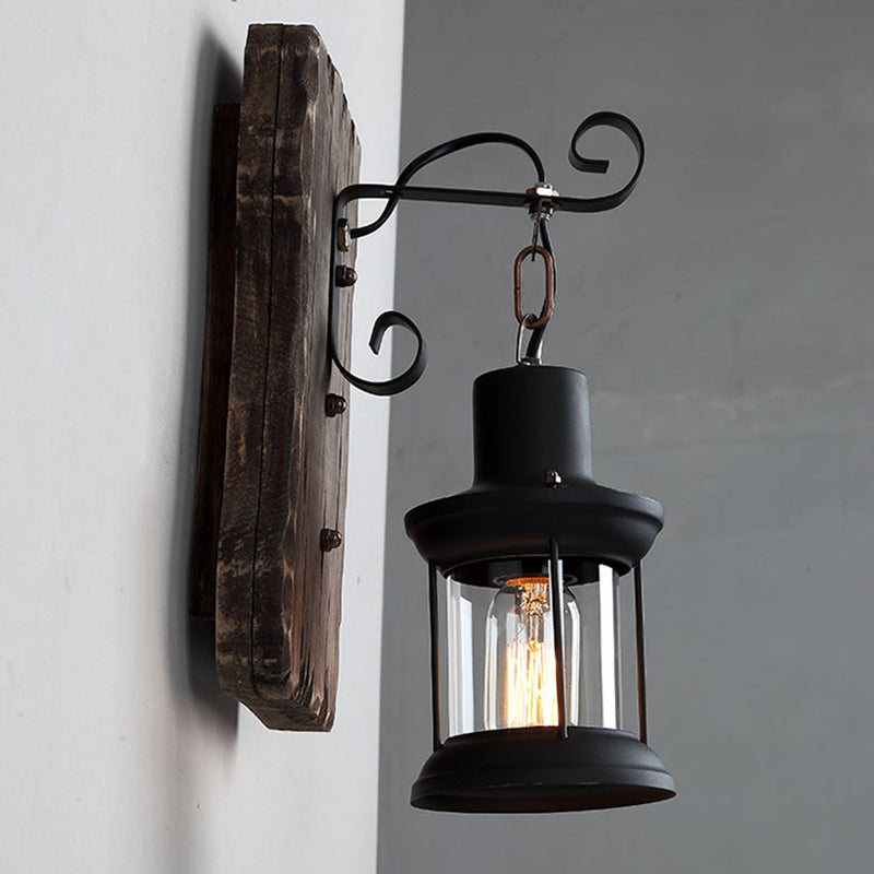 Cylinder Wood Iron Glass 1-Light Wall Sconce Lamp