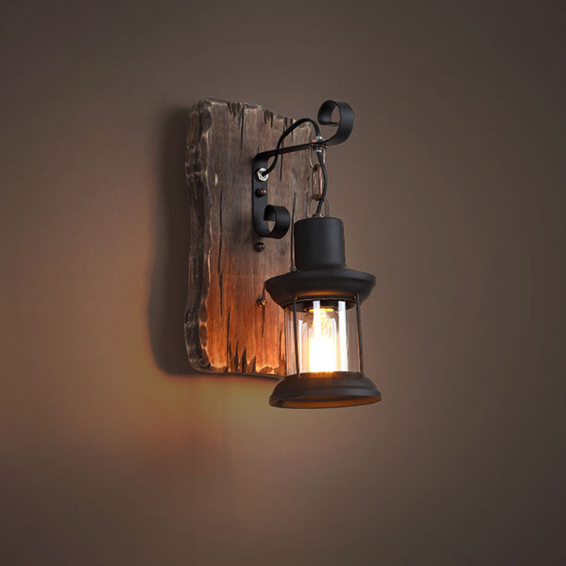 Cylinder Wood Iron Glass 1-Light Wall Sconce Lamp