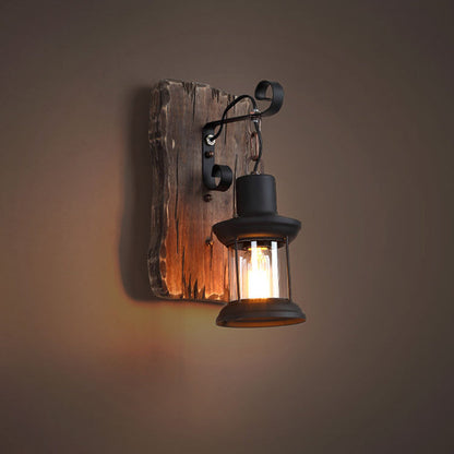 Cylinder Wood Iron Glass 1-Light Wall Sconce Lamp