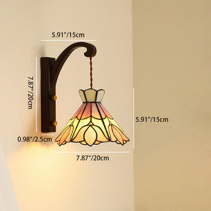 Traditional Cone Copper Wood Glass 1-Light Wall Sconce Lamp