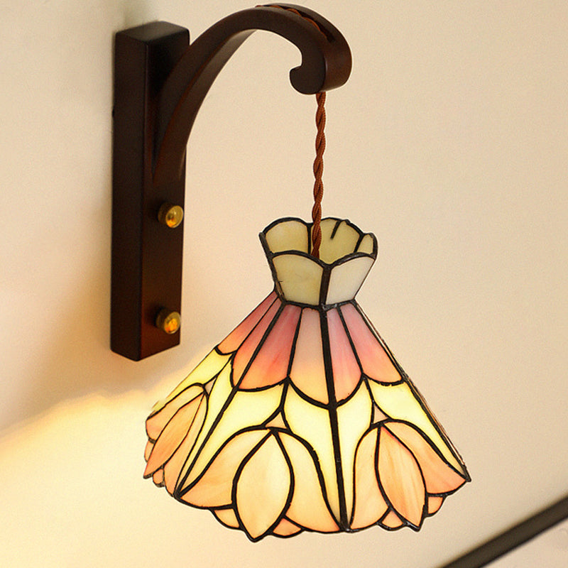 Traditional Cone Copper Wood Glass 1-Light Wall Sconce Lamp