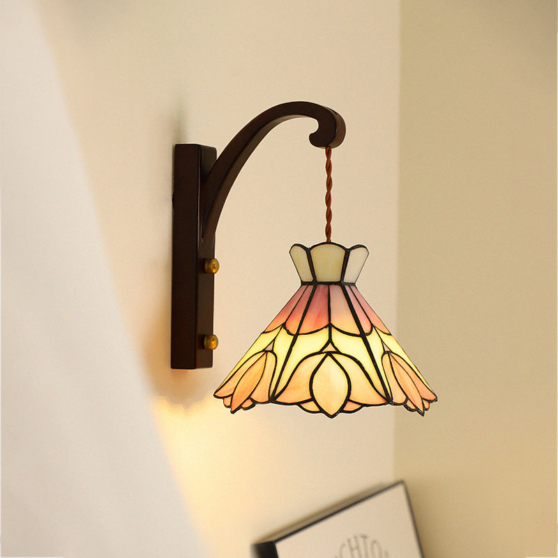 Traditional Cone Copper Wood Glass 1-Light Wall Sconce Lamp