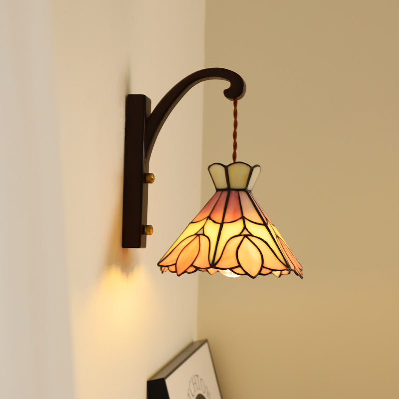 Traditional Cone Copper Wood Glass 1-Light Wall Sconce Lamp