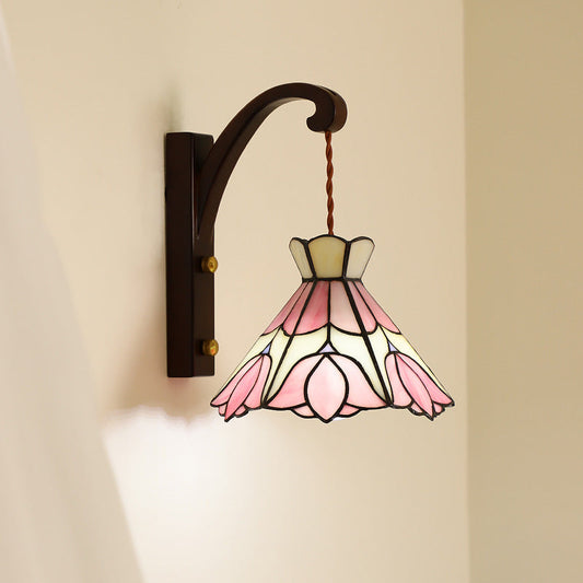 Traditional Cone Copper Wood Glass 1-Light Wall Sconce Lamp