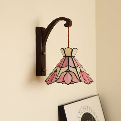 Traditional Cone Copper Wood Glass 1-Light Wall Sconce Lamp
