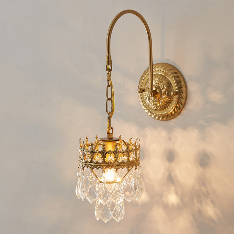 French Cylindrical Iron Crystal 1-Light Wall Scone Lamp