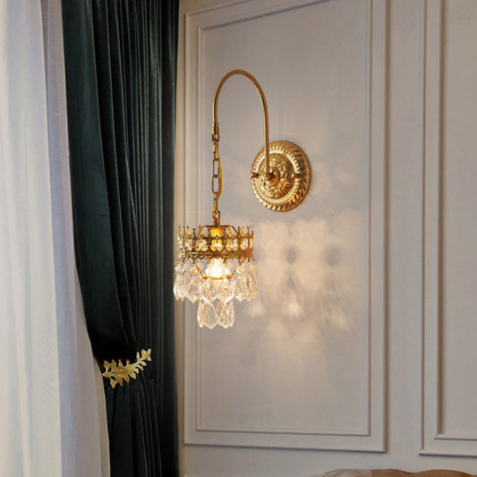 French Cylindrical Iron Crystal 1-Light Wall Scone Lamp