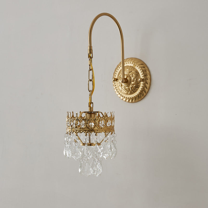 French Cylindrical Iron Crystal 1-Light Wall Scone Lamp