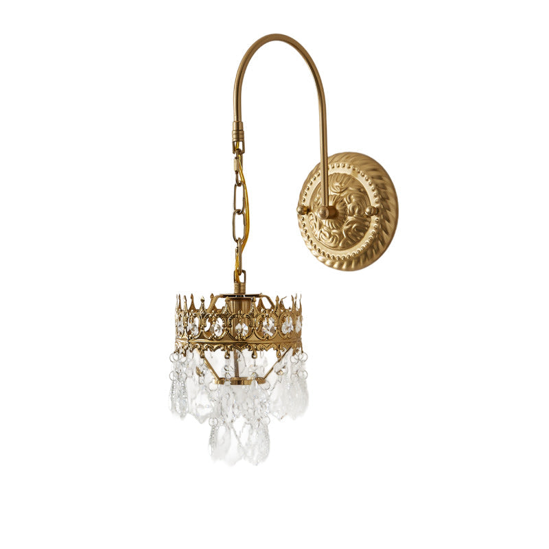 French Cylindrical Iron Crystal 1-Light Wall Scone Lamp