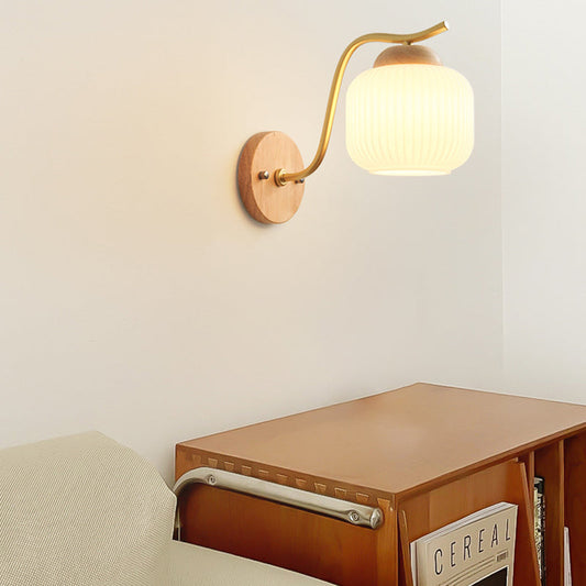 Round Cylinder Striped Glass Wood 1-Light Wall Sconce Lamp