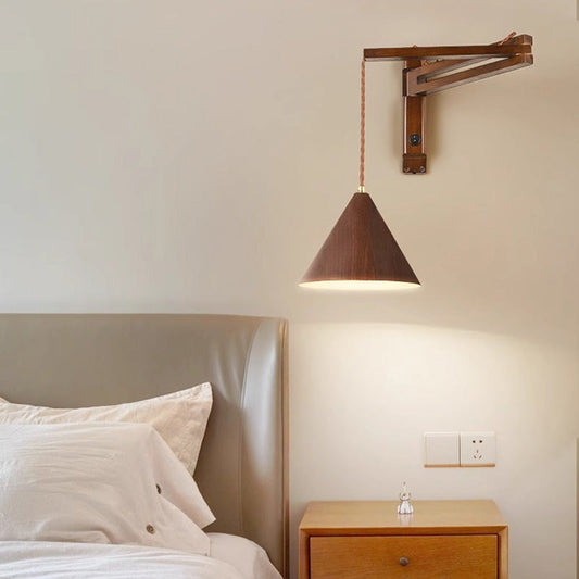 Swing Arm Cone Wood Iron 1-Light Wall Sconce Lamp