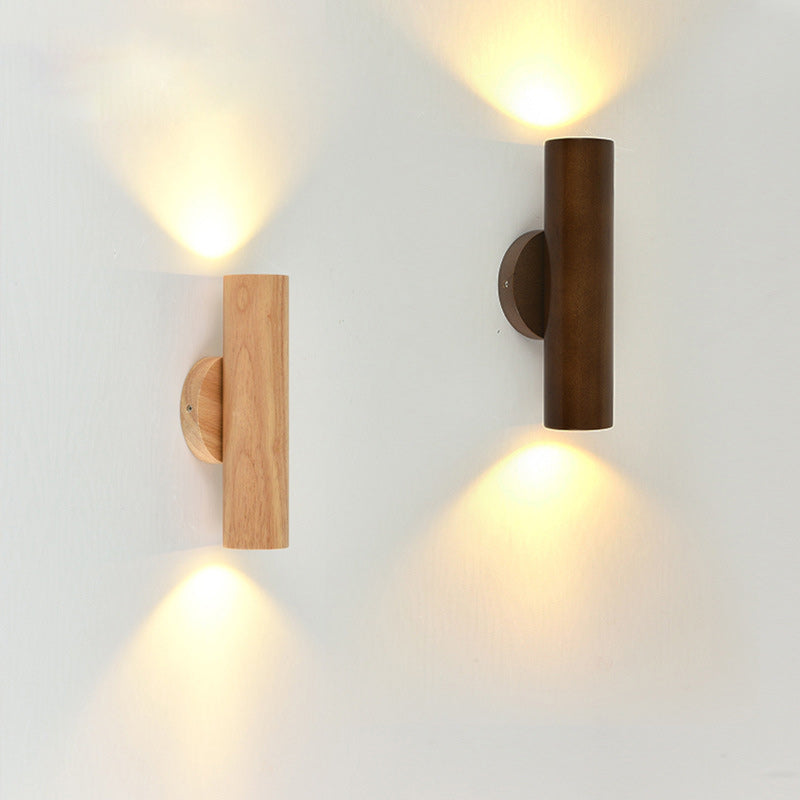 Chinese Cylinder Rubberwood LED Wall Sconce Lamp