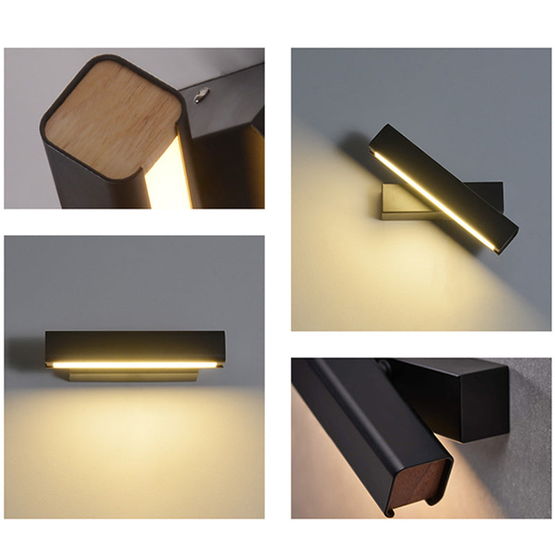 Rotatable Rectangular Iron Rubberwood LED Wall Sconce Lamp