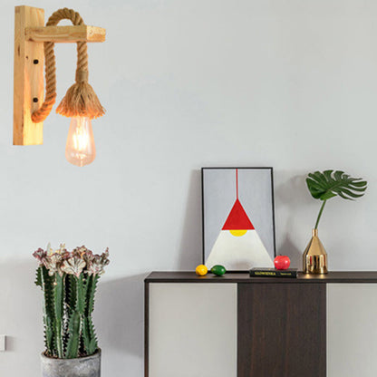 Rectangle Wood Hemp Rope 1-Light Wall Sconce Lamp