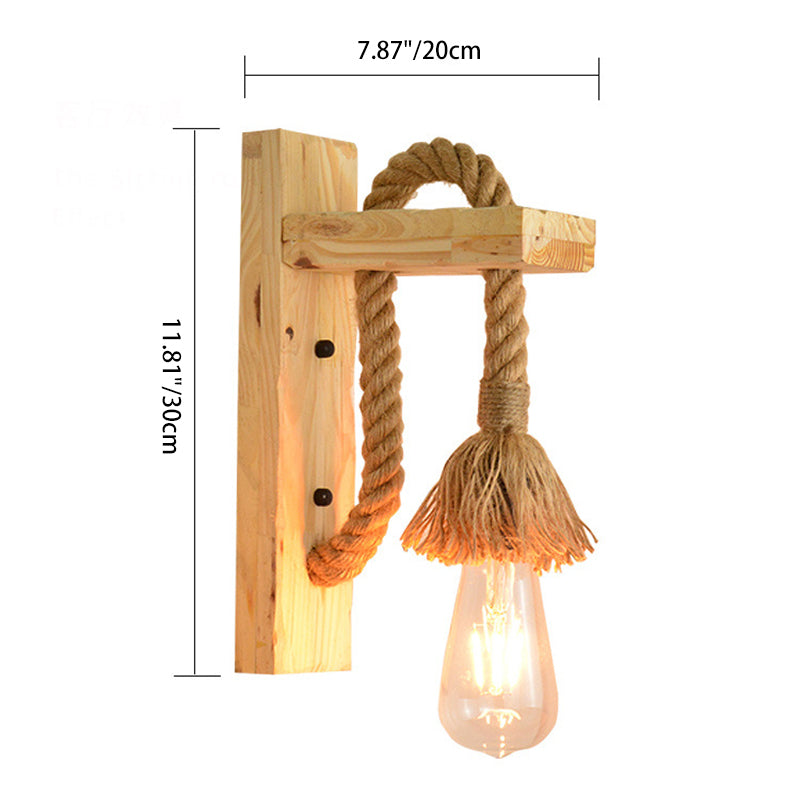 Rectangle Wood Hemp Rope 1-Light Wall Sconce Lamp